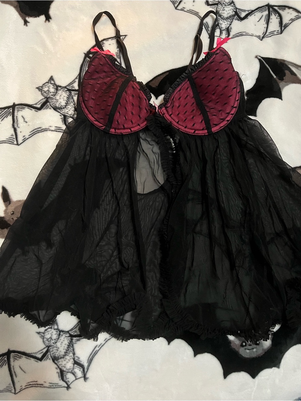 Women's Black Mesh Babydoll Lingerie with Burgundy Cups